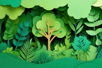Poster - Lush green paper cutout illustration showcasing vibrant trees and leaves with water droplets, ideal for eco friendly and sustainability themes