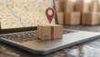 © Tetiana - Delivery Tracking Laptop With Pin Location Point Marker On Map For Shipment: The Process Of Shipping And Logistics Rendered From Notebook.