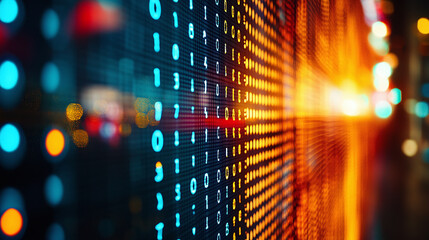 Abstract digital display with binary code illuminated in dynamic patterns, suggesting technology, information flow, and data analysis.
