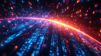 Digital code flows across glowing planet surface