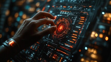 Hand interacts with futuristic glowing interface