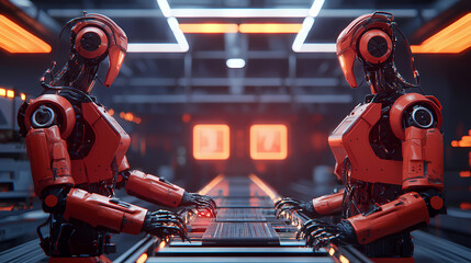 two futuristic robots interact in a high-tech environment, showcasing advanced design and artificial