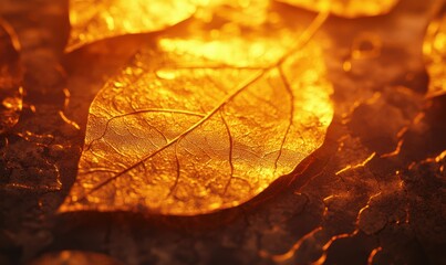 Wall Mural - Close-up of vibrant golden autumn leaves with intricate veins resting on a textured concrete surface, illuminated by soft warm light for a seasonal scene