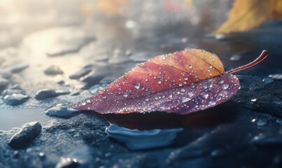 Wall Mural - Dew-covered autumn leaf resting on a textured surface illuminated by soft natural light creating a serene and detailed botanical composition .