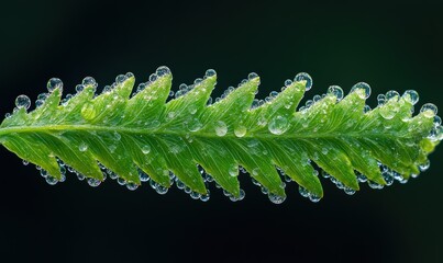 Wall Mural - Macro shot of a vibrant green fern leaf with dew-covered edges, illuminated by soft natural light for a fresh botanical aesthetic