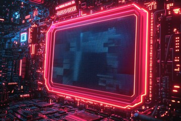 Wall Mural - futuristic digital background featuring a neon-lit screen and electronic components