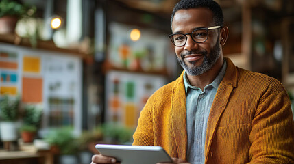 Fototapete - A supply chain manager with glasses reviewing a procurement report on his tablet in a modern office environment