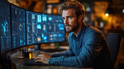 Fototapete - Business executive analyzing procurement reports on a computer displaying detailed financial data and insights