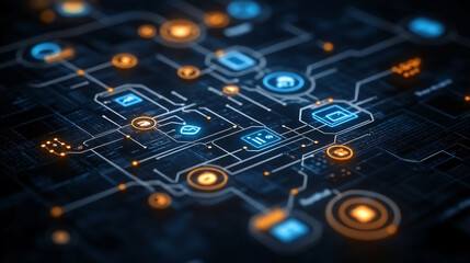 Fototapete - Circuit board featuring blue and yellow light illustrating innovative business procurement flowchart and automation