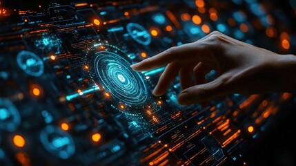 Fingertip interacts futuristic glowing interface
