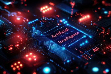Wall Mural - futuristic circuit board with artificial intelligence highlighted in glowing colors