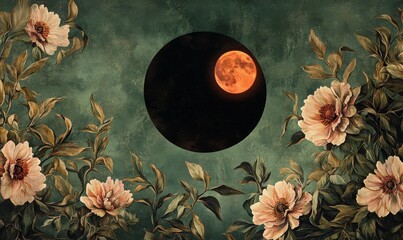 Wall Mural - solar eclipse over blooming florals, floral patterns, greenery, blooming flowers