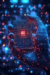 Wall Mural - futuristic hand holding an ai microchip with digital neural network