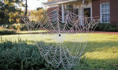 A dew-covered spider web glistens in the morning light.