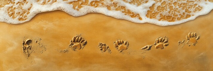 Fototapete - Dog paw prints create a trail on golden sand with gentle waves and sunlight shining in the background Generative AI