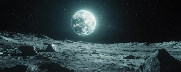 Wall Mural - visualization of earth's view from moon's surface showcasing detailed lunar landscape with rocks and