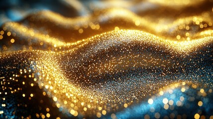 Wall Mural - golden glittering texture flowing over wavy blue, sparkling with bright lights