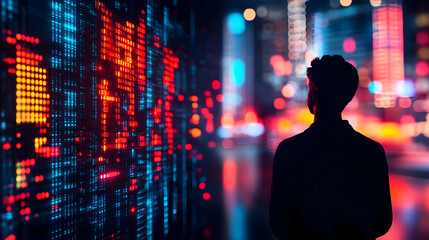 Silhouette of Person Observing Glowing Data Stream in Urban Night Setting