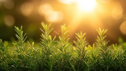 Wall Mural - herbs in sunlight. focus on green plants, bright bokeh background, warm and natural