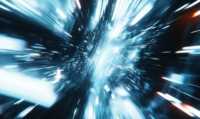 Wall Mural - high-speed blur of futuristic city lights, with glowing blue and white streaks creating a dynamic an