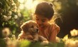 © VideoHub - Young girl playing with a puppy in a sunlit backyard, joyful expressions and vibrant greenery creating a heartwarming momen