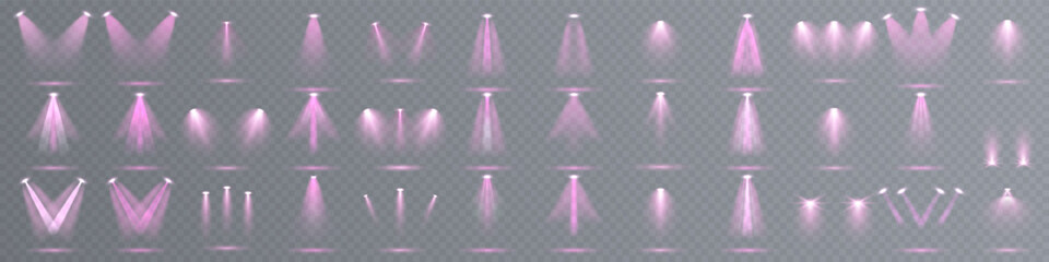 Wall Mural - Stage spotlight with realistic glowing beams and dramatic light effects. Vector illustration featuring studio lighting, concert spotlights, and focused illuminated rays. The transparent background