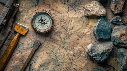 geologist tools and compass on an old map footage. exploration gear background motion picture with g