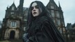 © KrikHill - Mysterious gothic woman in black standing before an old haunted mansion under a cloudy sky, exuding a dark and enigmatic aura