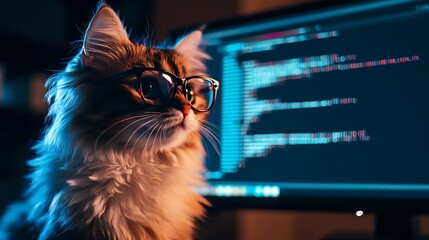 Cute cat wearing glasses, looking at computer screen with code