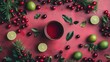 © Timeless Touch - Fresh Ingredients for Holiday Drinks with Red Berries, Green Limes, and Pine Leaves on Rustic Background