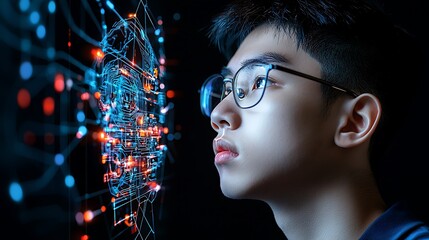 Young man studying a digital network interface.