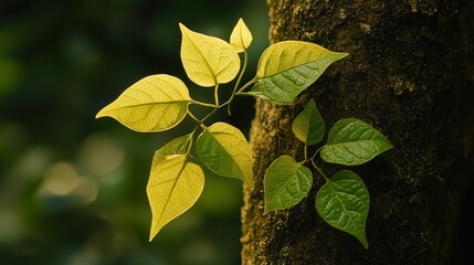 Wall Mural - Young leaves sprout from a textured tree trunk, bathed in soft, warm light
