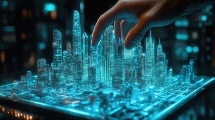 Wall Mural - hand interacting with futuristic city model, night cityscape background. use technology, urban plann