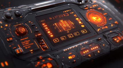 Wall Mural - futuristic control panel interface; glowing orange; dark background; sci-fi; tech demo