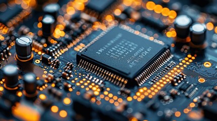 Wall Mural - close-up of microchip on circuit board, technology background, for tech articles