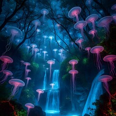 enchanting glowing jellyfish waterfall forest fantasy illustration, magical bioluminescence, night s