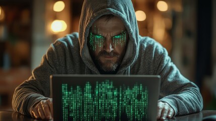 A man is sitting at a table with a laptop in front of him. He is wearing a hoodie and has a green eye on his face. The laptop screen is displaying a green code
