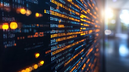 Abstract digital code display in modern office setting.  Possible use for technology stock photography