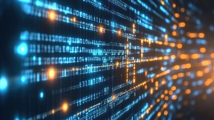 Abstract digital code wall, glowing binary data, futuristic background.  Possible use Technology, innovation, digital art, background