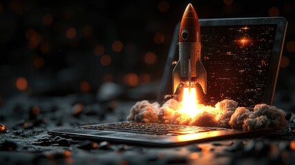 Wall Mural - rocket launching from laptop, digital space background, concept