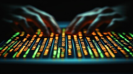 Hands typing on glowing code display