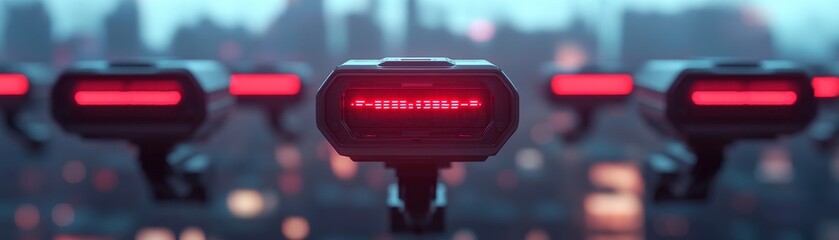 Advanced surveillance systems with glowing red scanner lines in a dystopian cityscape