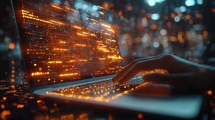 Futuristic coding on laptop, glowing interface, night scene.  Possible use  Technology concept