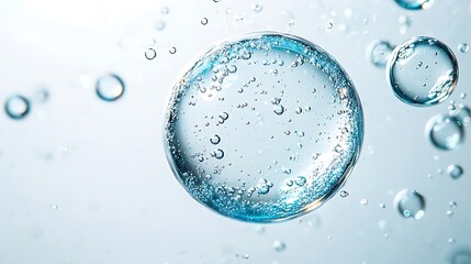 abstract close-up of a transparent sphere with bubbles in blue liquid