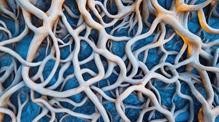 Coastal tree roots, intricate network, rocky beach, sunset glow, texture background