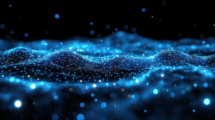 Wall Mural - abstract digital wave, particles in motion, dark background, visual effect, for technology, data, or