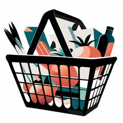 minimalist illustration of shopping basket overflowing with groceries. black and orange design shows