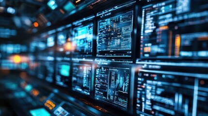 Futuristic Tech Control Room:  Digital Data Streams and Interfaces