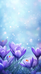 Aufkleber - Beautiful purple crocuses blooming under a magical snowfall, creating a dreamy and enchanting spring scene