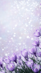 Aufkleber - Purple crocuses blooming from under the snow on a beautiful bokeh background create a stunning spring scene